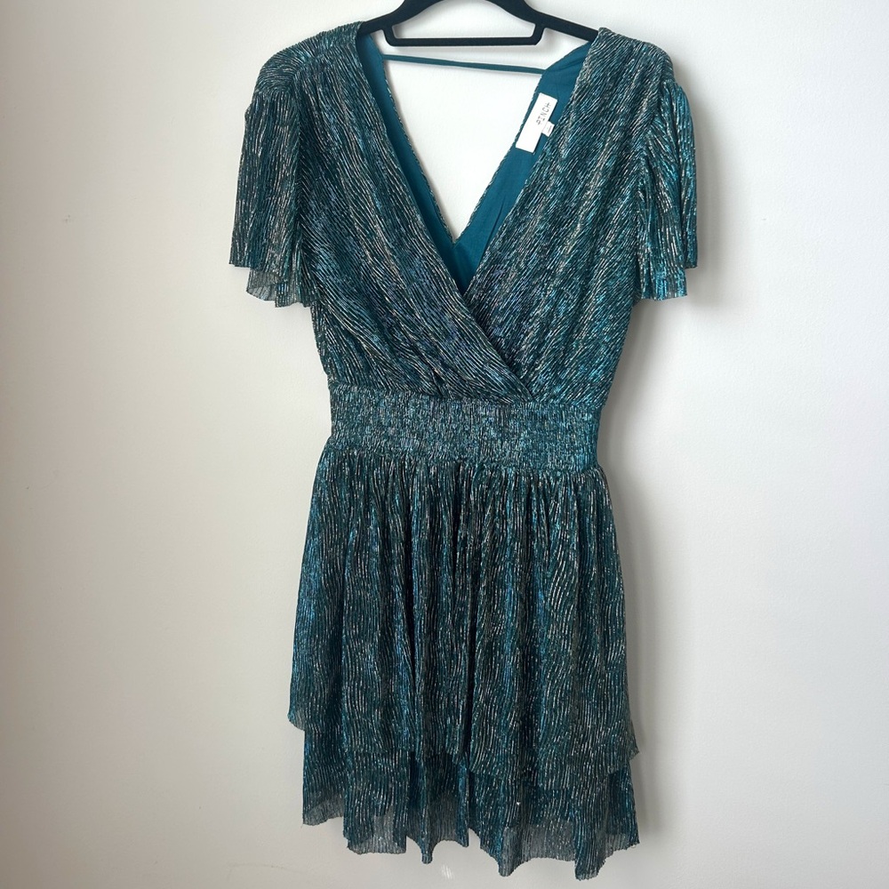 Pinch Teal Metallic V-Neck Dress
